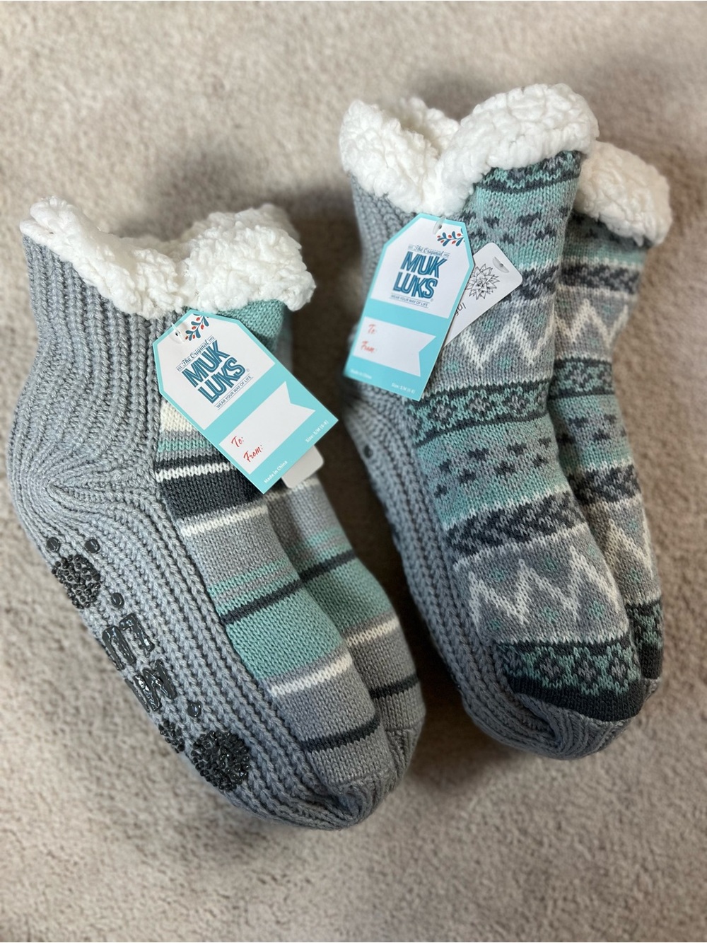 Muk Luks Women's Cozy Sherpa Cuff Slipper Socks - Gray & Mint (2 pair) S/M